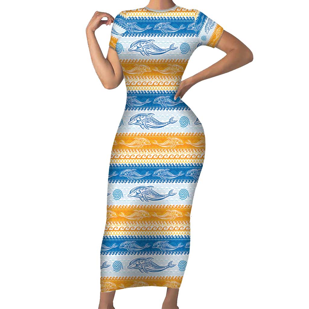 Anguilla Dolphins Pattern Short Sleeve Bodycon Dress Orange And Blue