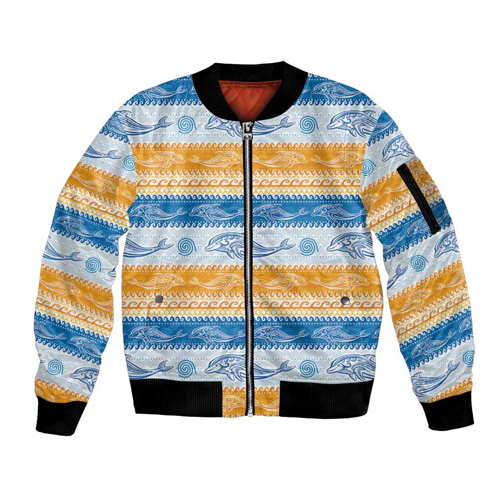 Anguilla Dolphins Pattern Sleeve Zip Bomber Jacket Orange And Blue