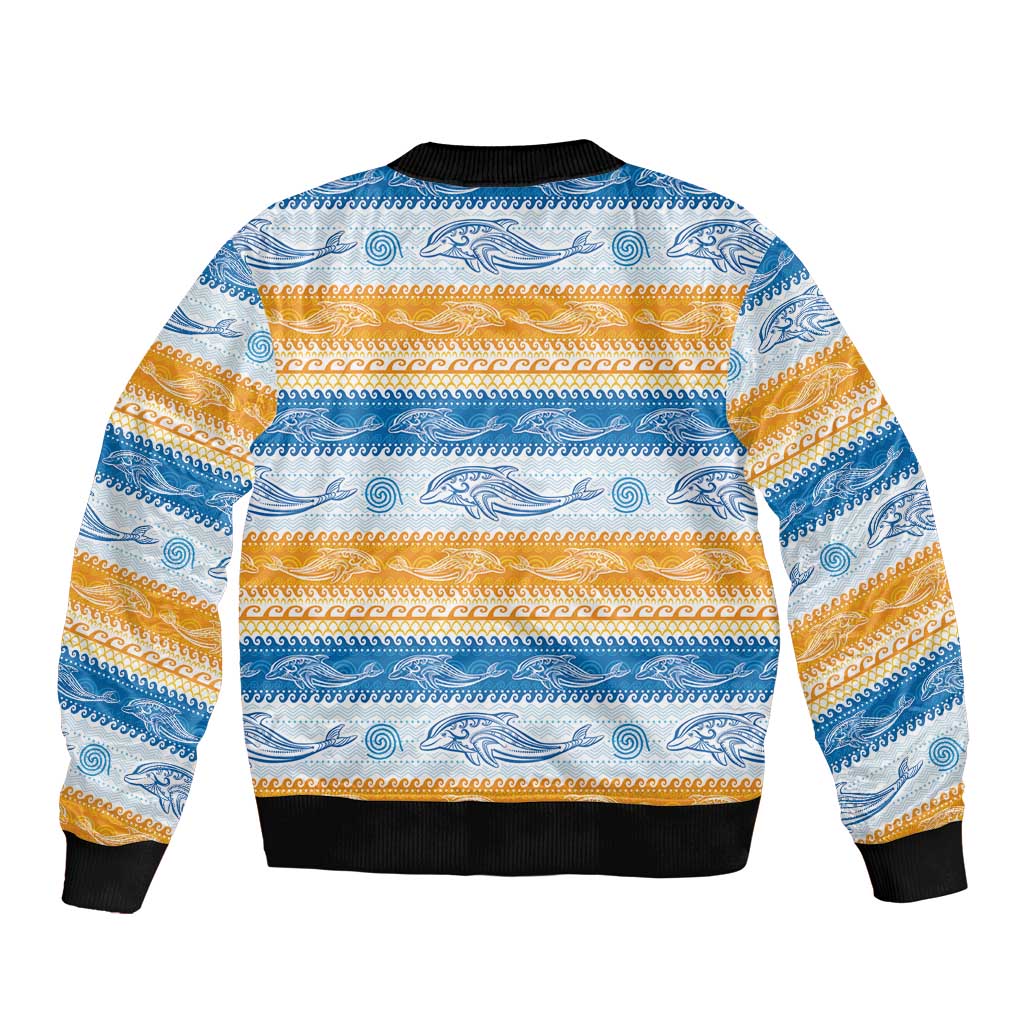 Anguilla Dolphins Pattern Sleeve Zip Bomber Jacket Orange And Blue