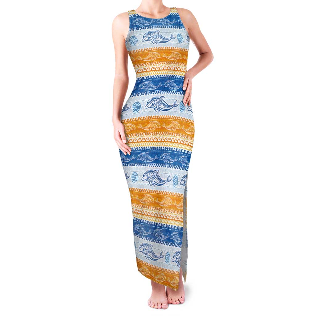 Anguilla Dolphins Pattern Tank Maxi Dress Orange And Blue