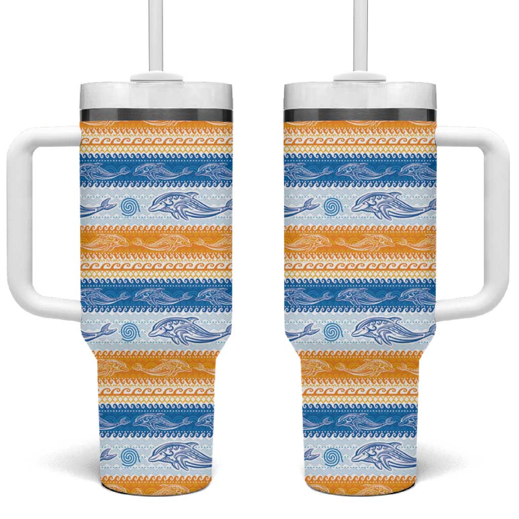 Anguilla Dolphins Pattern Tumbler With Handle Orange And Blue