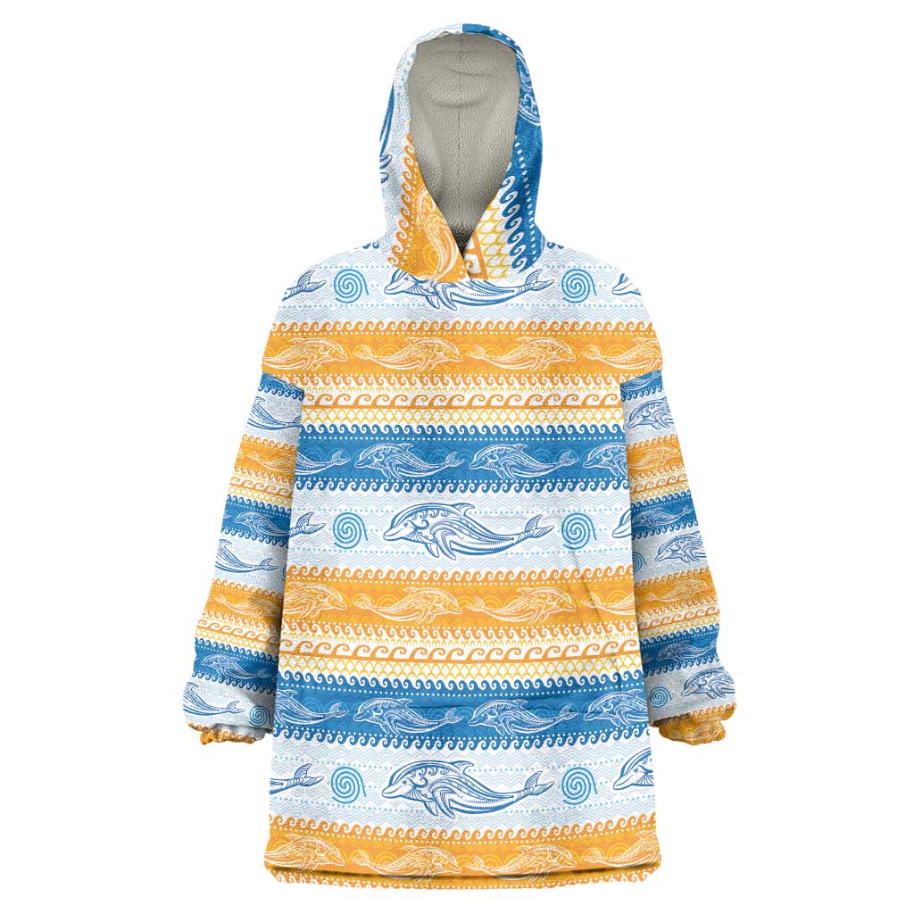 Anguilla Dolphins Pattern Wearable Blanket Hoodie Orange And Blue