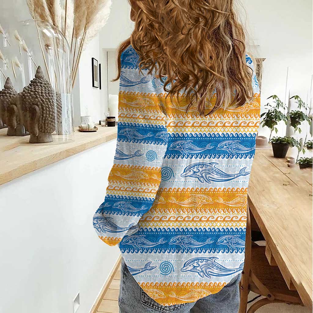 Anguilla Dolphins Pattern Women Casual Shirt Orange And Blue