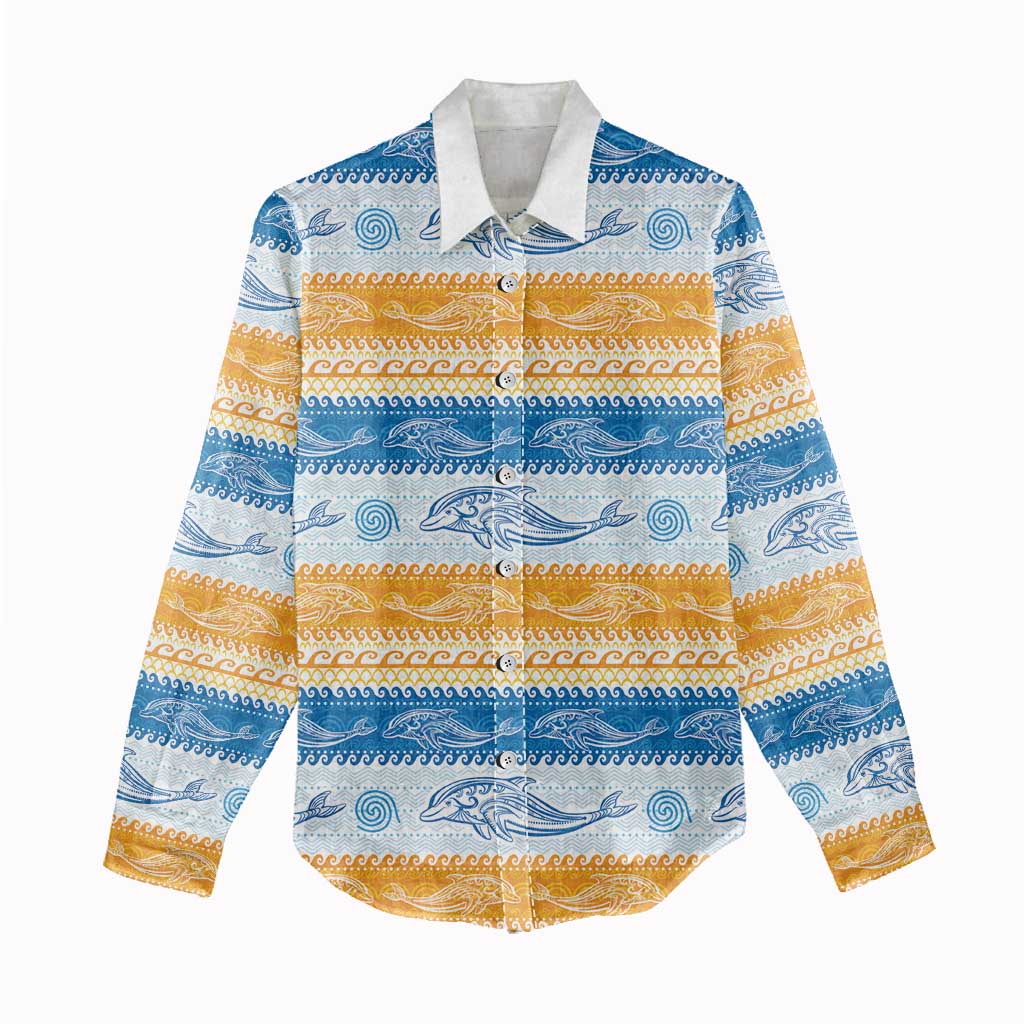 Anguilla Dolphins Pattern Women Casual Shirt Orange And Blue