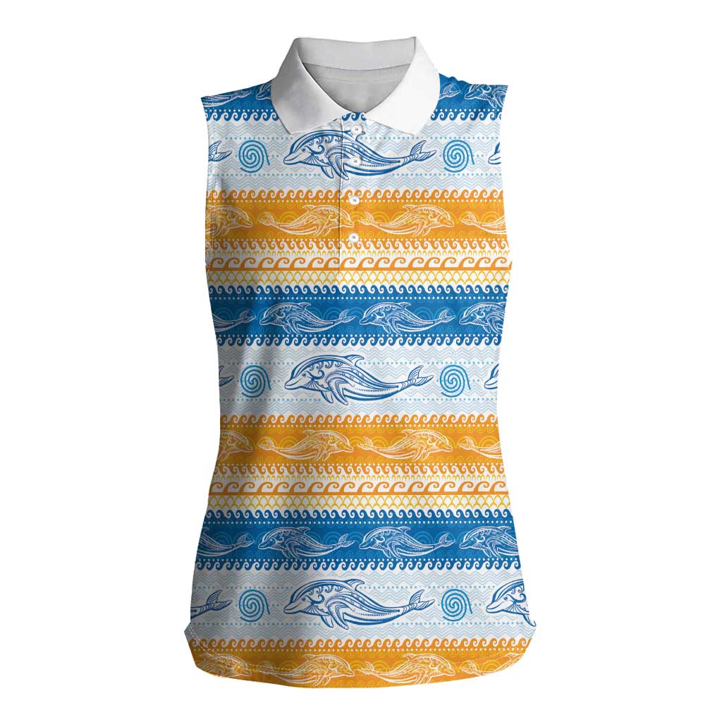 Anguilla Dolphins Pattern Women Sleeveless Polo Shirt Orange And Blue
