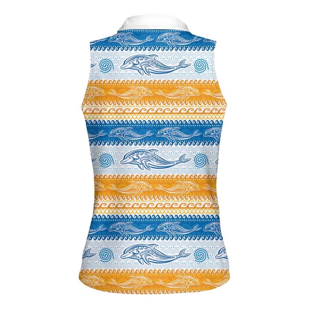 Anguilla Dolphins Pattern Women Sleeveless Polo Shirt Orange And Blue