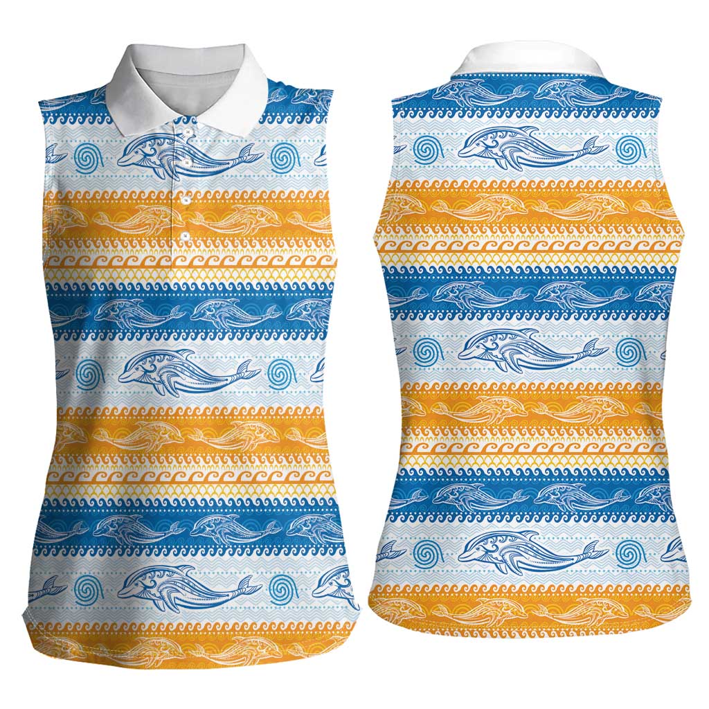 Anguilla Dolphins Pattern Women Sleeveless Polo Shirt Orange And Blue