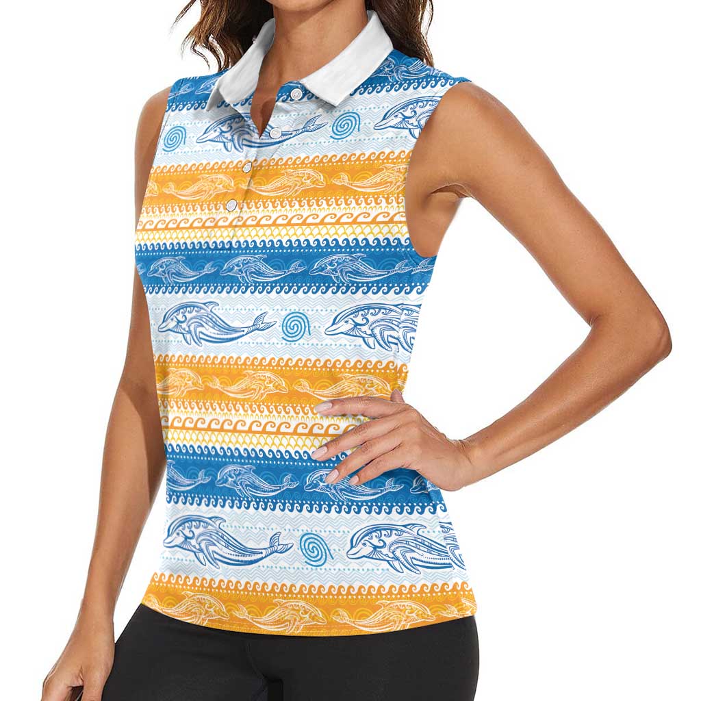 Anguilla Dolphins Pattern Women Sleeveless Polo Shirt Orange And Blue