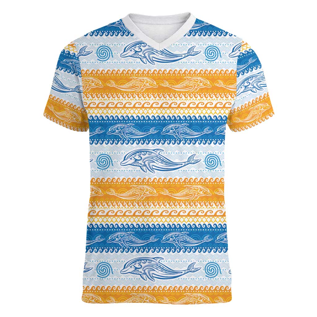 Anguilla Dolphins Pattern Women V-Neck T-Shirt Orange And Blue