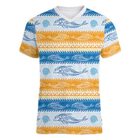 Anguilla Dolphins Pattern Women V-Neck T-Shirt Orange And Blue