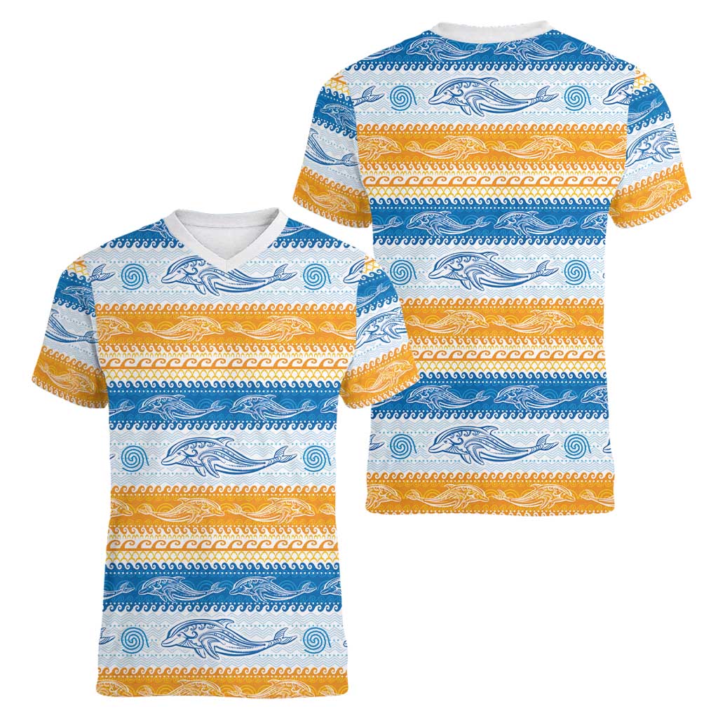 Anguilla Dolphins Pattern Women V-Neck T-Shirt Orange And Blue