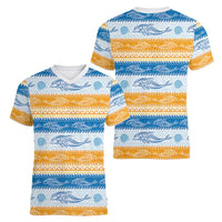 Anguilla Dolphins Pattern Women V-Neck T-Shirt Orange And Blue