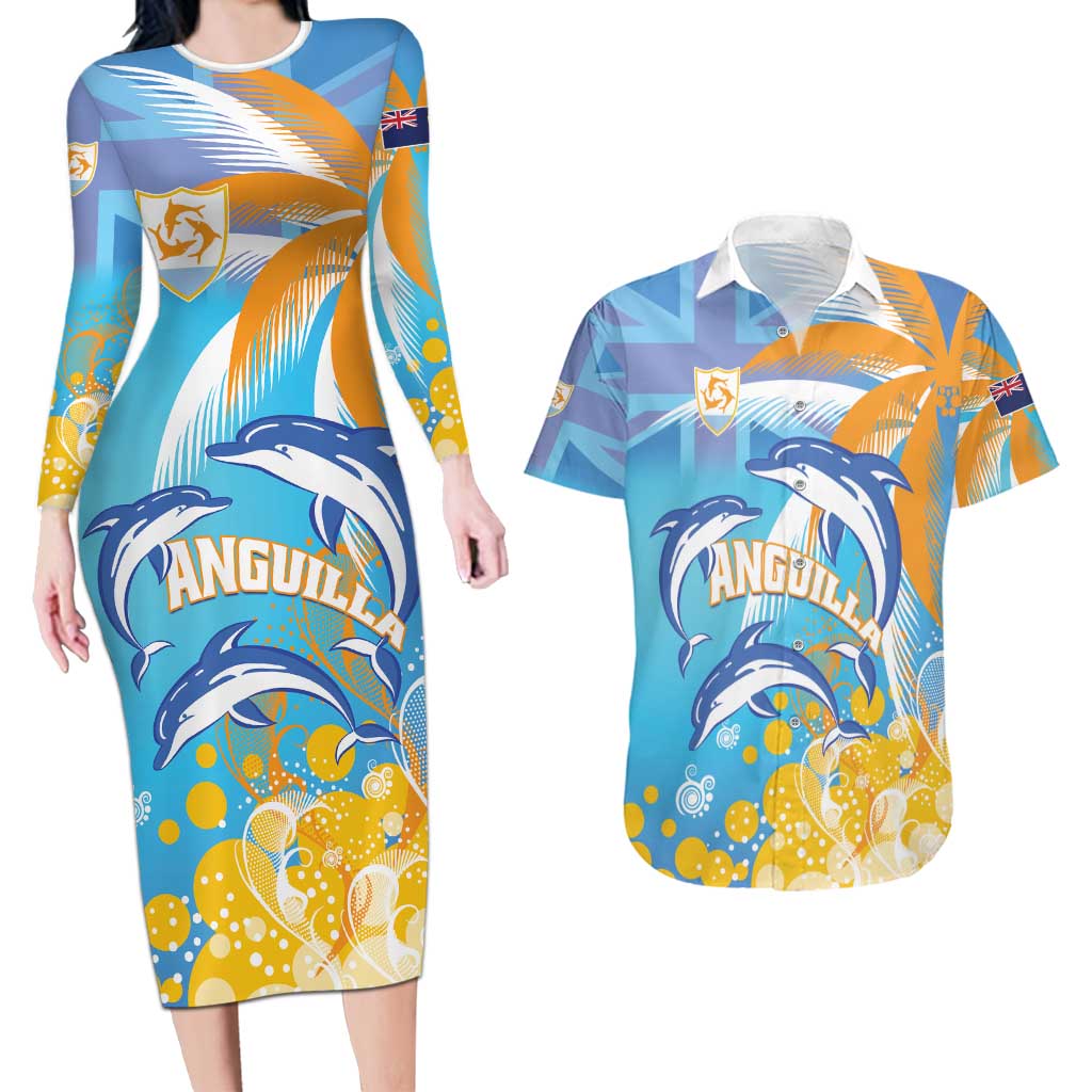 Personalised Anguilla 3 Dolphins Couples Matching Long Sleeve Bodycon Dress and Hawaiian Shirt Summer Stylized