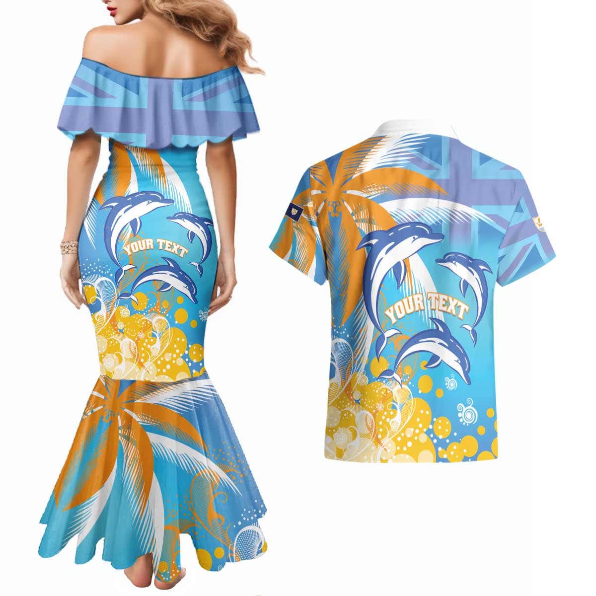 Personalised Anguilla 3 Dolphins Couples Matching Mermaid Dress and Hawaiian Shirt Summer Stylized