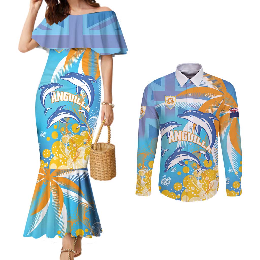 Personalised Anguilla 3 Dolphins Couples Matching Mermaid Dress and Long Sleeve Button Shirt Summer Stylized