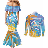 Personalised Anguilla 3 Dolphins Couples Matching Mermaid Dress and Long Sleeve Button Shirt Summer Stylized