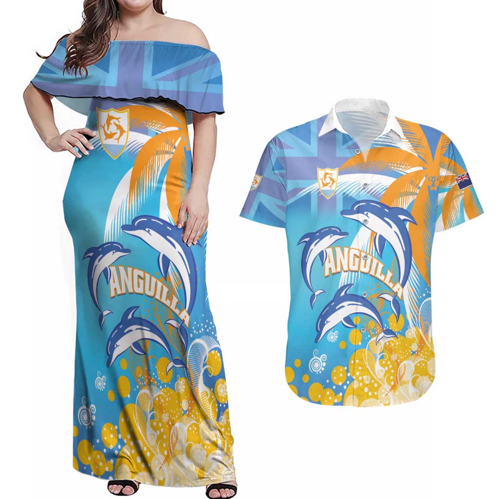 Personalised Anguilla 3 Dolphins Couples Matching Off Shoulder Maxi Dress and Hawaiian Shirt Summer Stylized