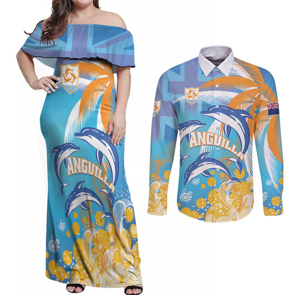 Personalised Anguilla 3 Dolphins Couples Matching Off Shoulder Maxi Dress and Long Sleeve Button Shirt Summer Stylized