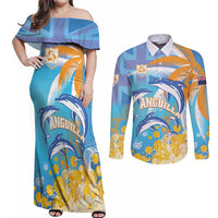 Personalised Anguilla 3 Dolphins Couples Matching Off Shoulder Maxi Dress and Long Sleeve Button Shirt Summer Stylized