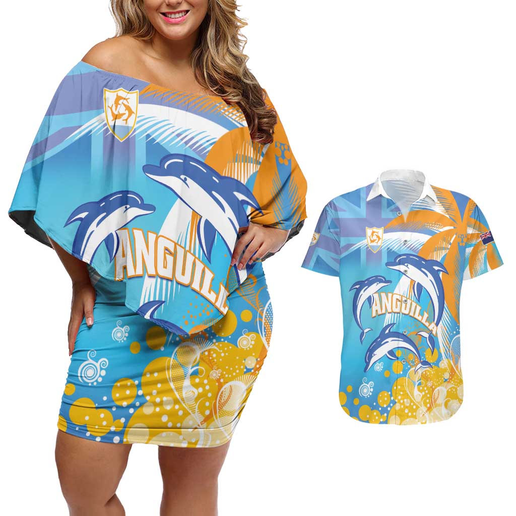 Personalised Anguilla 3 Dolphins Couples Matching Off Shoulder Short Dress and Hawaiian Shirt Summer Stylized