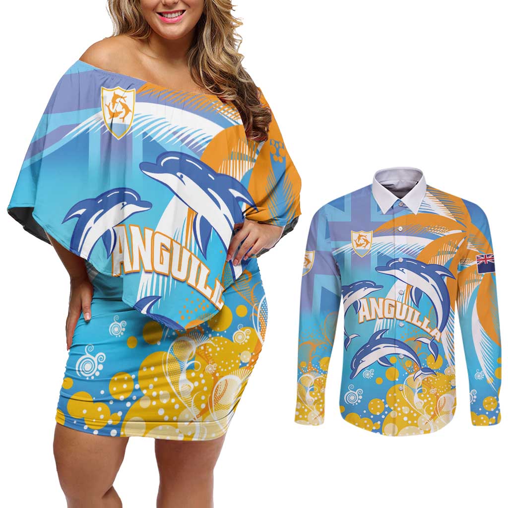 Personalised Anguilla 3 Dolphins Couples Matching Off Shoulder Short Dress and Long Sleeve Button Shirt Summer Stylized