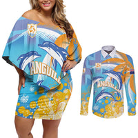 Personalised Anguilla 3 Dolphins Couples Matching Off Shoulder Short Dress and Long Sleeve Button Shirt Summer Stylized