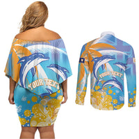 Personalised Anguilla 3 Dolphins Couples Matching Off Shoulder Short Dress and Long Sleeve Button Shirt Summer Stylized