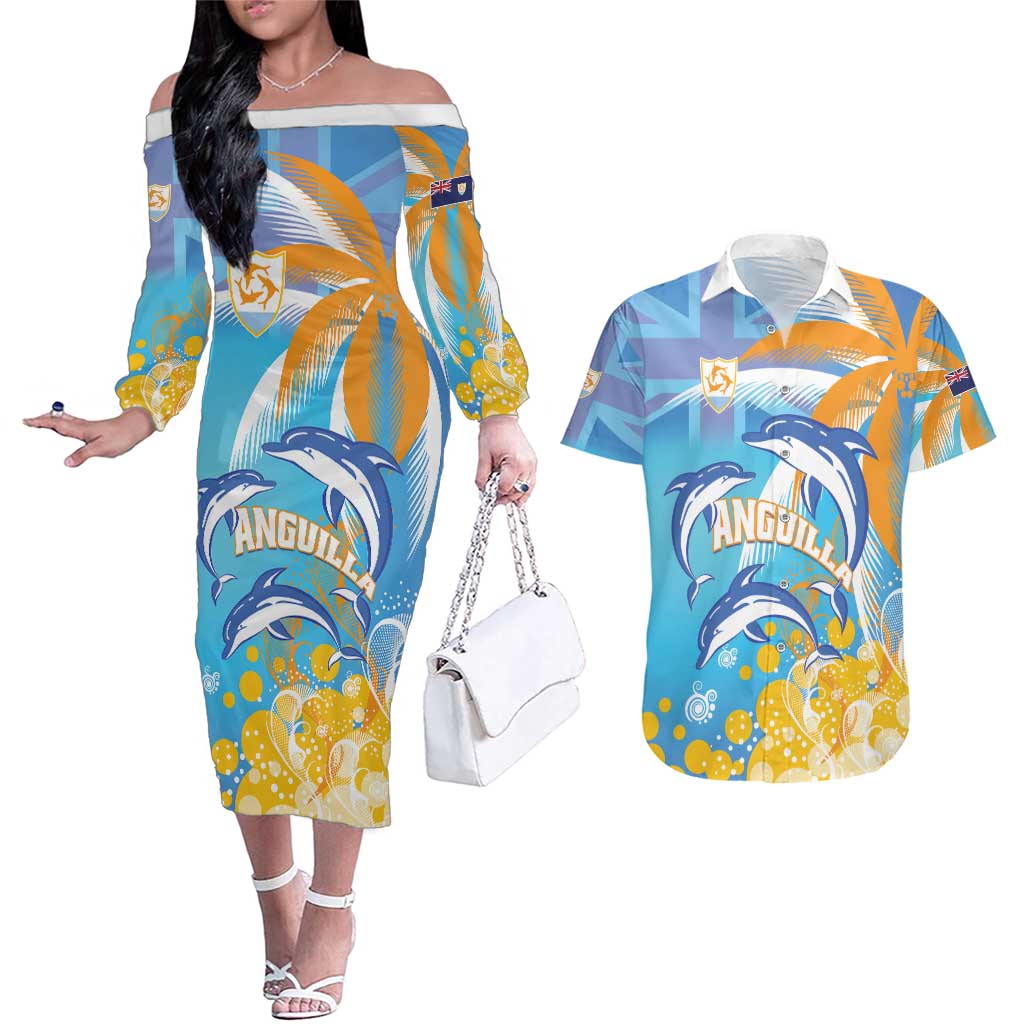 Personalised Anguilla 3 Dolphins Couples Matching Off The Shoulder Long Sleeve Dress and Hawaiian Shirt Summer Stylized