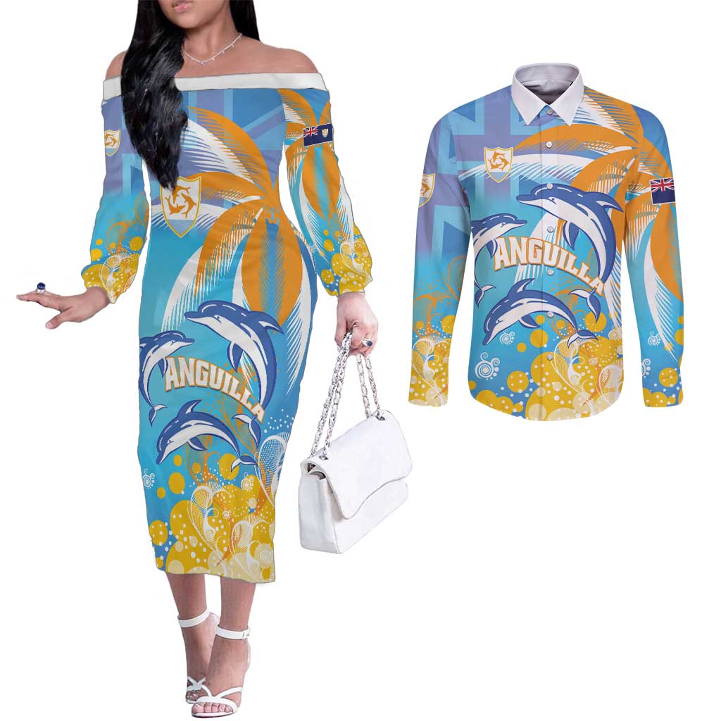 Personalised Anguilla 3 Dolphins Couples Matching Off The Shoulder Long Sleeve Dress and Long Sleeve Button Shirt Summer Stylized