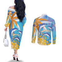 Personalised Anguilla 3 Dolphins Couples Matching Off The Shoulder Long Sleeve Dress and Long Sleeve Button Shirt Summer Stylized