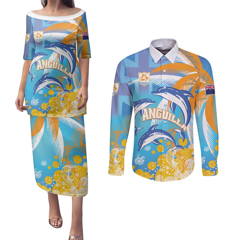 Personalised Anguilla 3 Dolphins Couples Matching Puletasi and Long Sleeve Button Shirt Summer Stylized