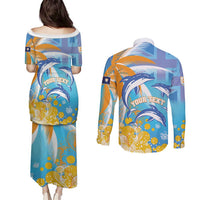 Personalised Anguilla 3 Dolphins Couples Matching Puletasi and Long Sleeve Button Shirt Summer Stylized