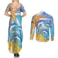 Personalised Anguilla 3 Dolphins Couples Matching Summer Maxi Dress and Long Sleeve Button Shirt Summer Stylized