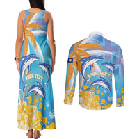 Personalised Anguilla 3 Dolphins Couples Matching Tank Maxi Dress and Long Sleeve Button Shirt Summer Stylized