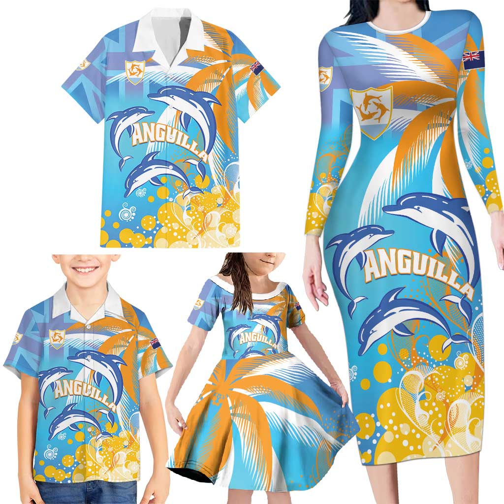 Personalised Anguilla 3 Dolphins Family Matching Long Sleeve Bodycon Dress and Hawaiian Shirt Summer Stylized