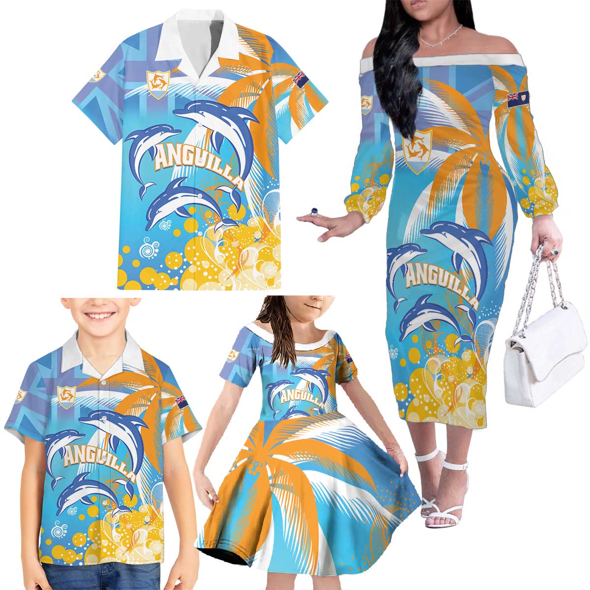 Personalised Anguilla 3 Dolphins Family Matching Off The Shoulder Long Sleeve Dress and Hawaiian Shirt Summer Stylized
