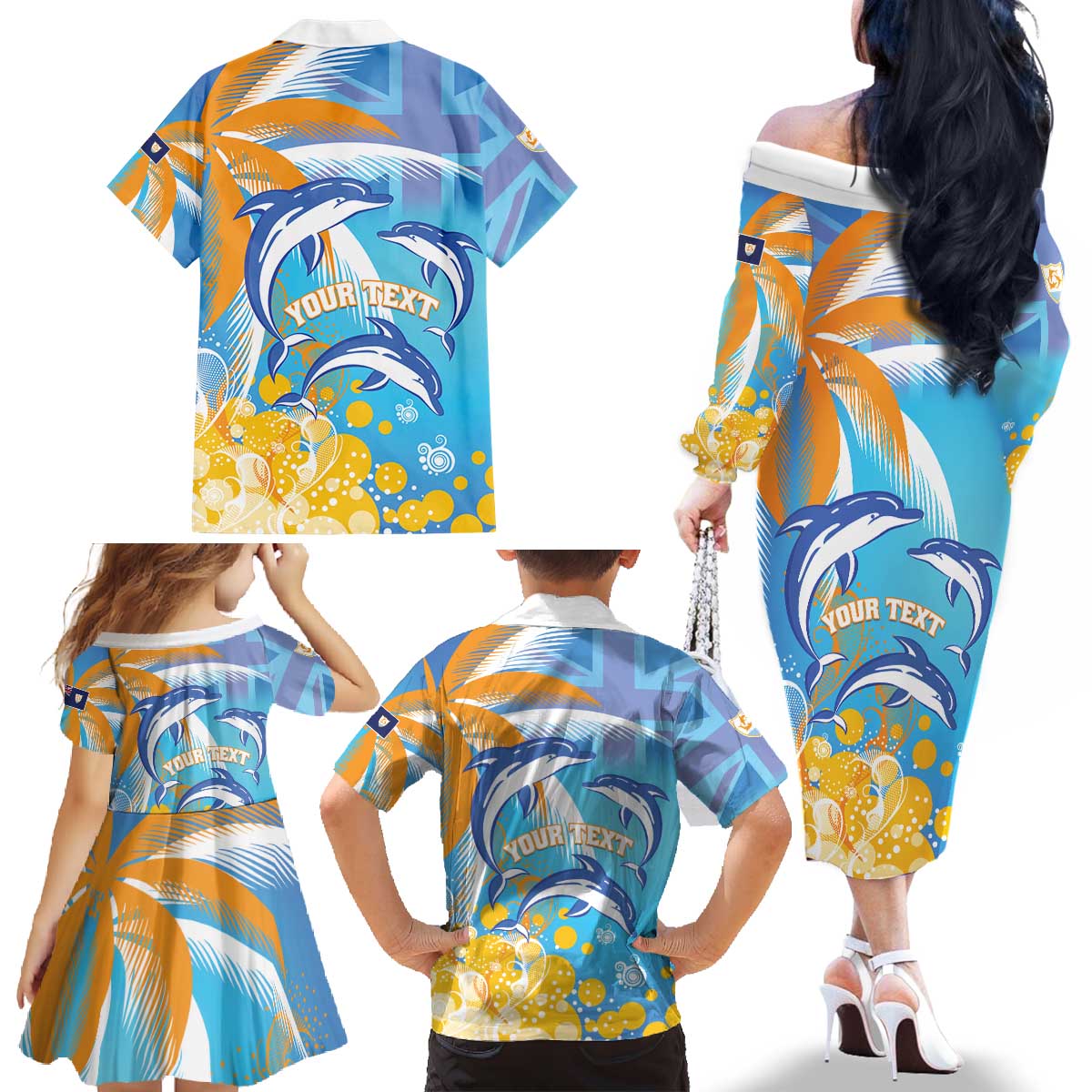 Personalised Anguilla 3 Dolphins Family Matching Off The Shoulder Long Sleeve Dress and Hawaiian Shirt Summer Stylized