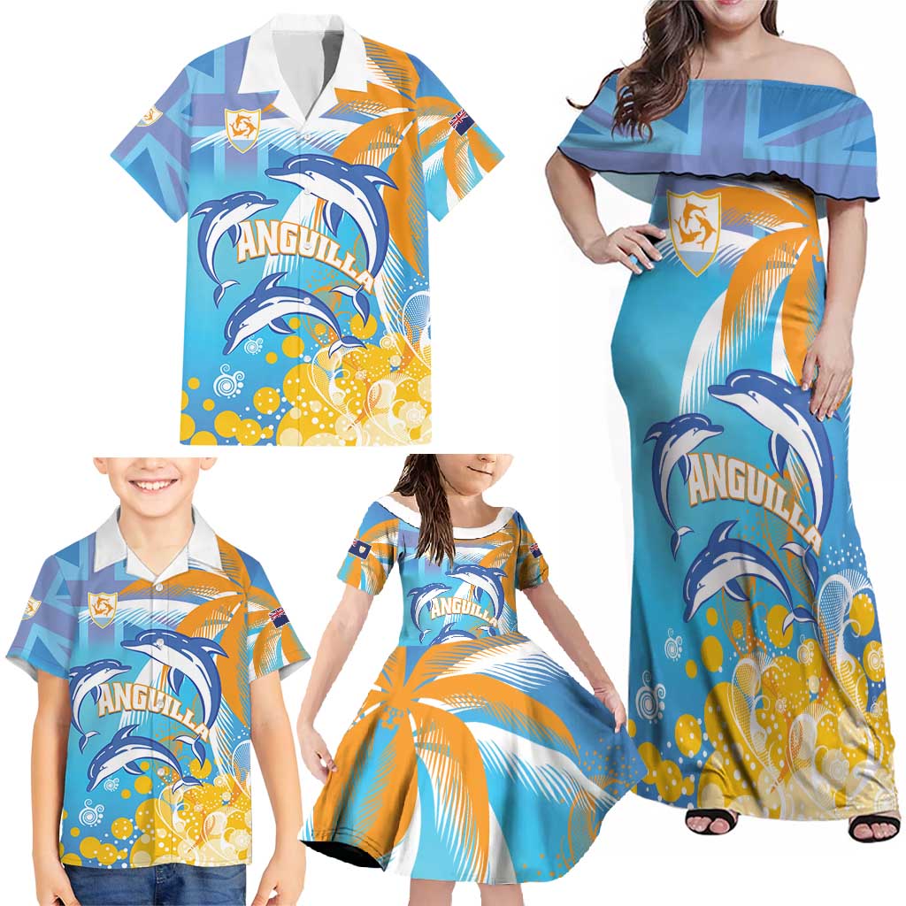 Personalised Anguilla 3 Dolphins Family Matching Off Shoulder Maxi Dress and Hawaiian Shirt Summer Stylized