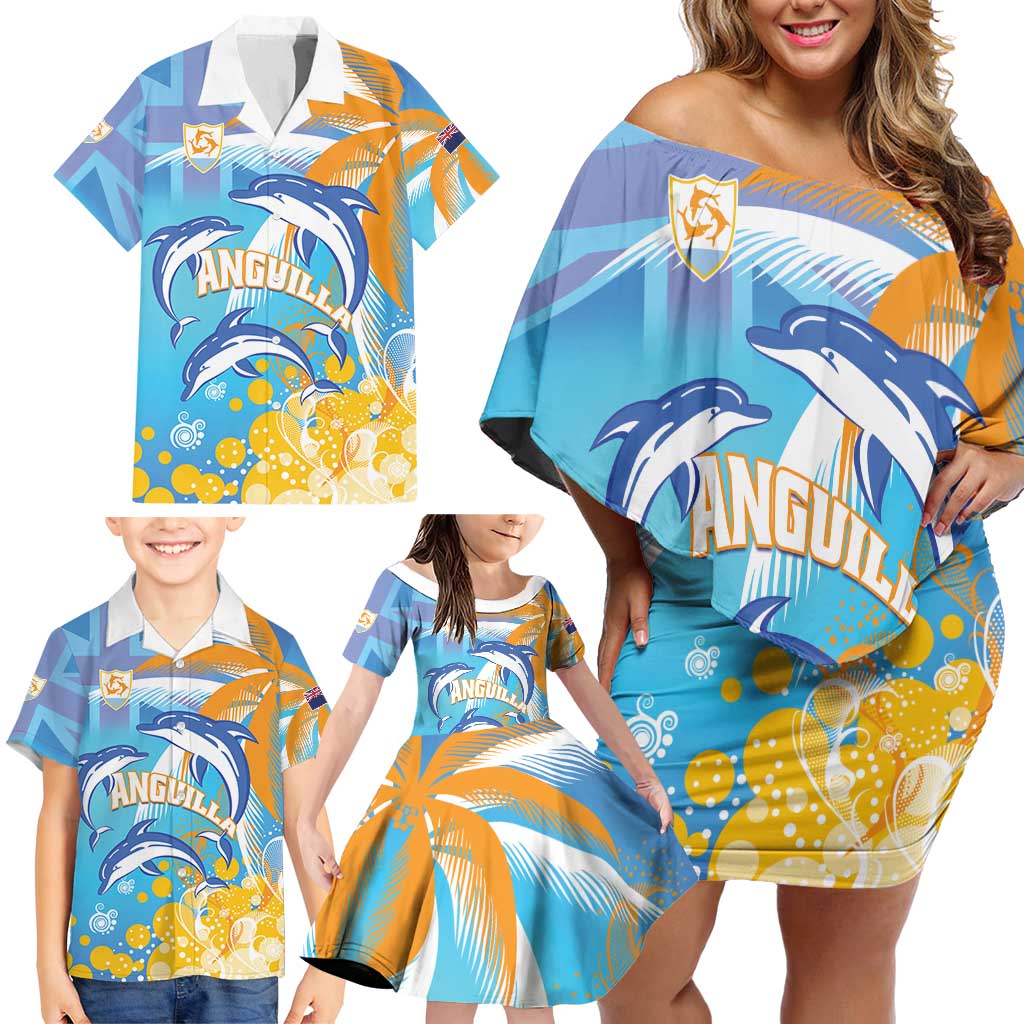 Personalised Anguilla 3 Dolphins Family Matching Off Shoulder Short Dress and Hawaiian Shirt Summer Stylized