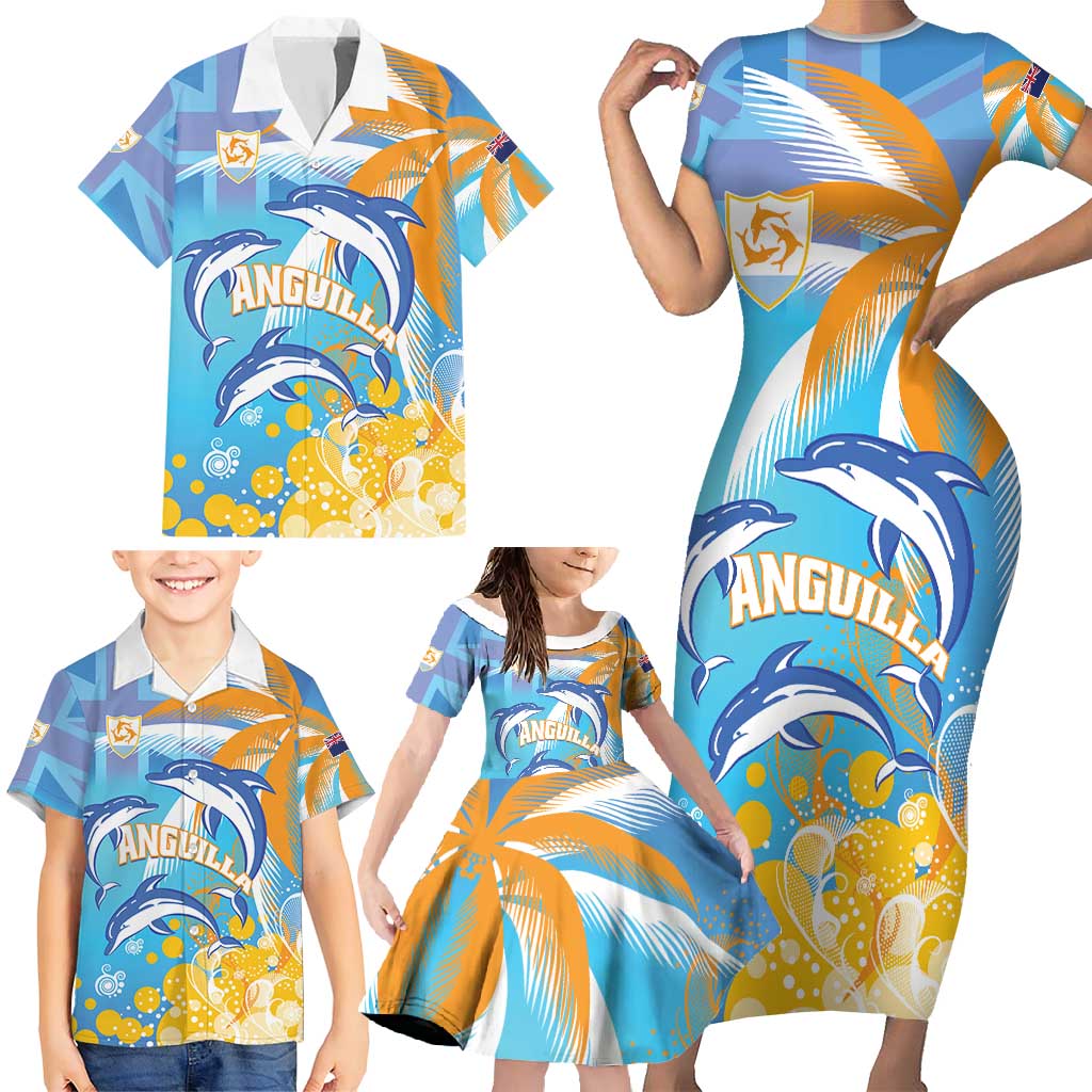 Personalised Anguilla 3 Dolphins Family Matching Short Sleeve Bodycon Dress and Hawaiian Shirt Summer Stylized