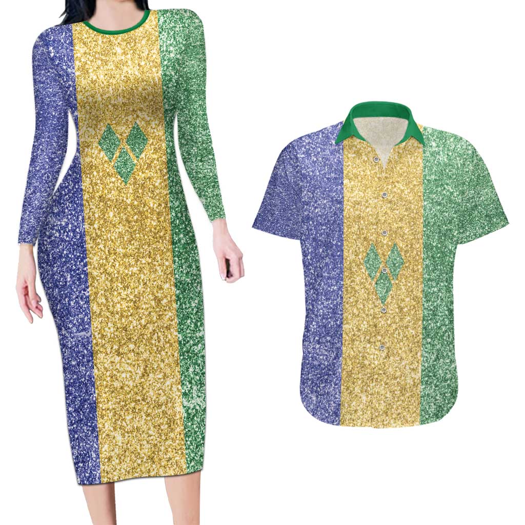 Saint Vincent and the Grenadines Vincy Mas Couples Matching Long Sleeve Bodycon Dress and Hawaiian Shirt SVG Glitter Color Style - Wonder Print Shop