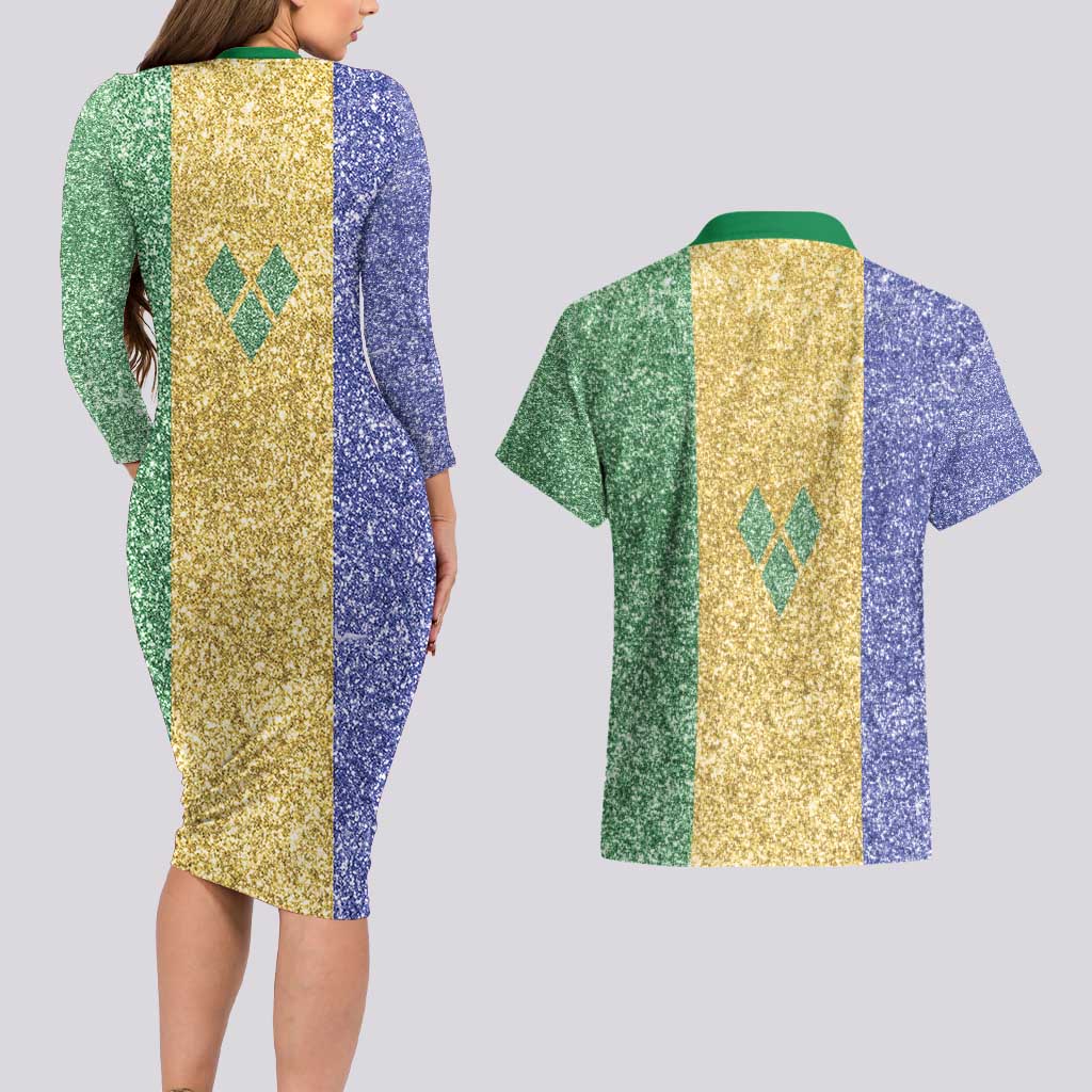 Saint Vincent and the Grenadines Vincy Mas Couples Matching Long Sleeve Bodycon Dress and Hawaiian Shirt SVG Glitter Color Style - Wonder Print Shop