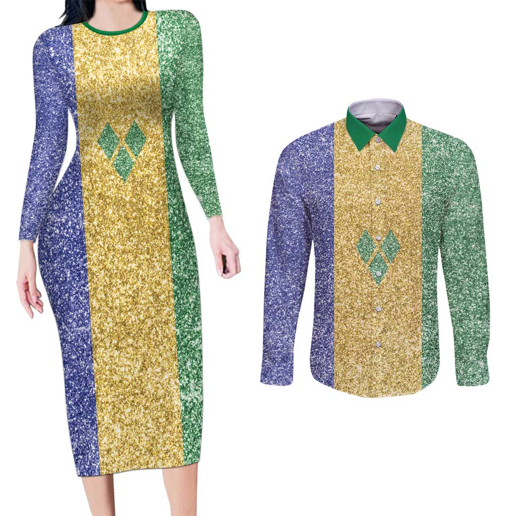 Saint Vincent and the Grenadines Vincy Mas Couples Matching Long Sleeve Bodycon Dress and Long Sleeve Button Shirt SVG Glitter Color Style - Wonder Print Shop