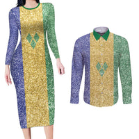 Saint Vincent and the Grenadines Vincy Mas Couples Matching Long Sleeve Bodycon Dress and Long Sleeve Button Shirt SVG Glitter Color Style - Wonder Print Shop