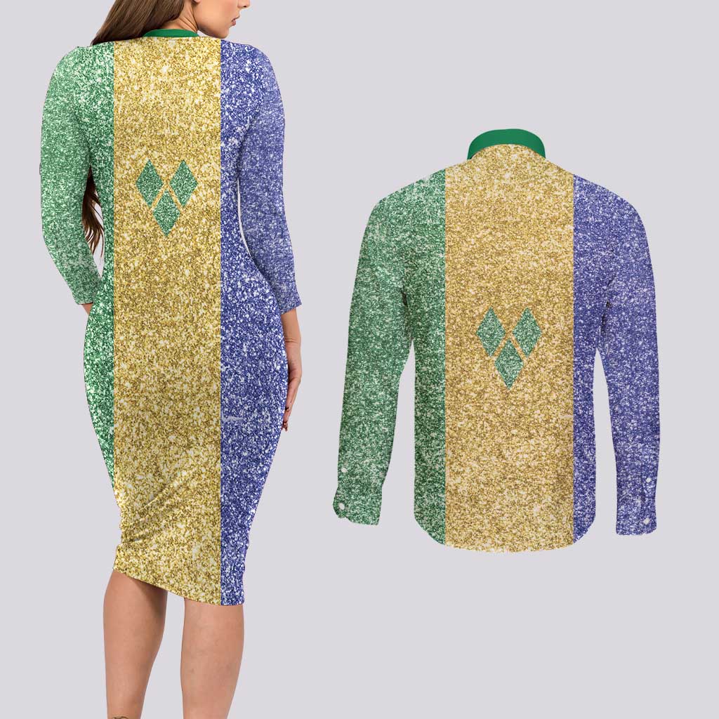 Saint Vincent and the Grenadines Vincy Mas Couples Matching Long Sleeve Bodycon Dress and Long Sleeve Button Shirt SVG Glitter Color Style - Wonder Print Shop