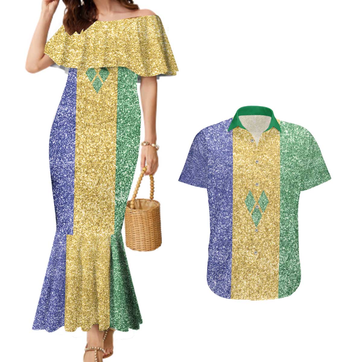 Saint Vincent and the Grenadines Vincy Mas Couples Matching Mermaid Dress and Hawaiian Shirt SVG Glitter Color Style - Wonder Print Shop