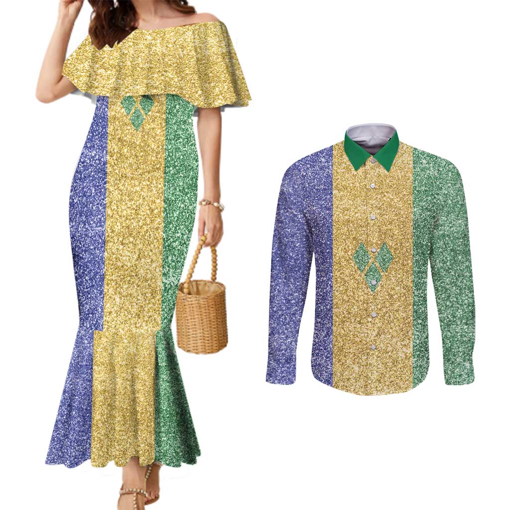 Saint Vincent and the Grenadines Vincy Mas Couples Matching Mermaid Dress and Long Sleeve Button Shirt SVG Glitter Color Style - Wonder Print Shop