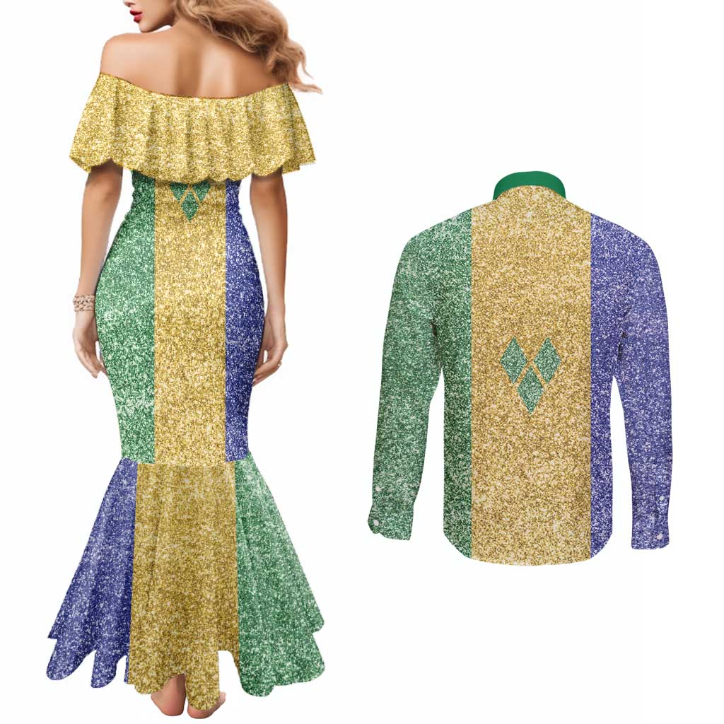 Saint Vincent and the Grenadines Vincy Mas Couples Matching Mermaid Dress and Long Sleeve Button Shirt SVG Glitter Color Style - Wonder Print Shop