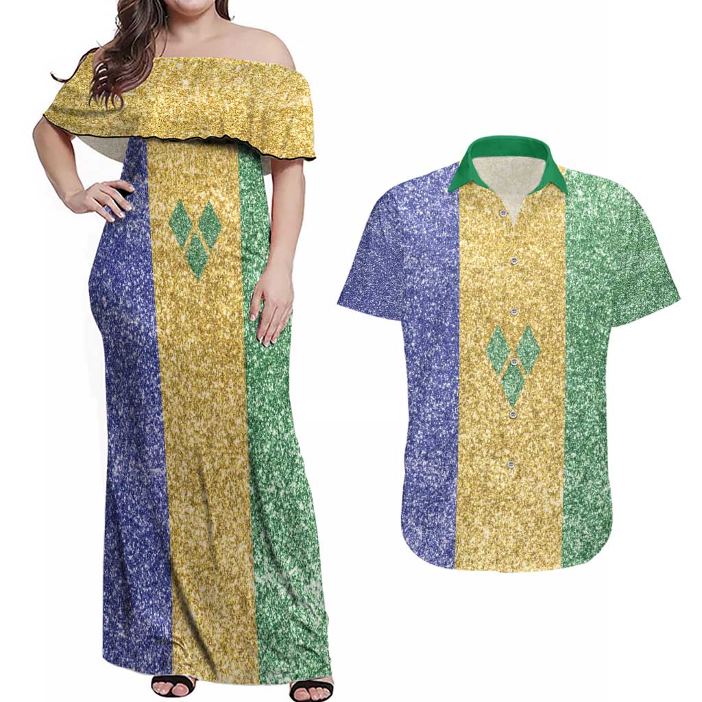 Saint Vincent and the Grenadines Vincy Mas Couples Matching Off Shoulder Maxi Dress and Hawaiian Shirt SVG Glitter Color Style - Wonder Print Shop