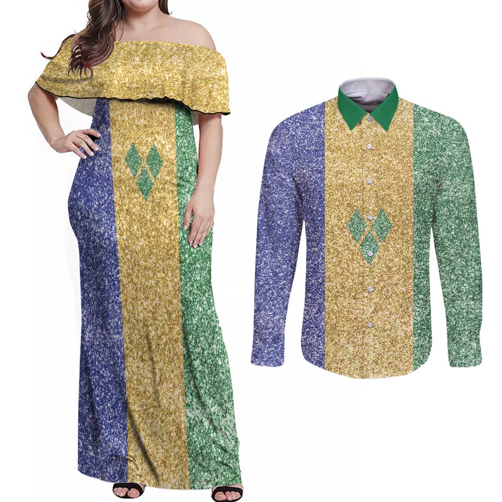 Saint Vincent and the Grenadines Vincy Mas Couples Matching Off Shoulder Maxi Dress and Long Sleeve Button Shirt SVG Glitter Color Style - Wonder Print Shop
